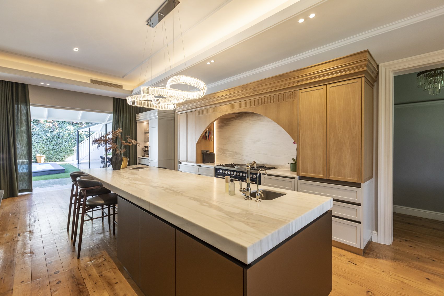 Timber kitchen with marble island at Zion, Paarl